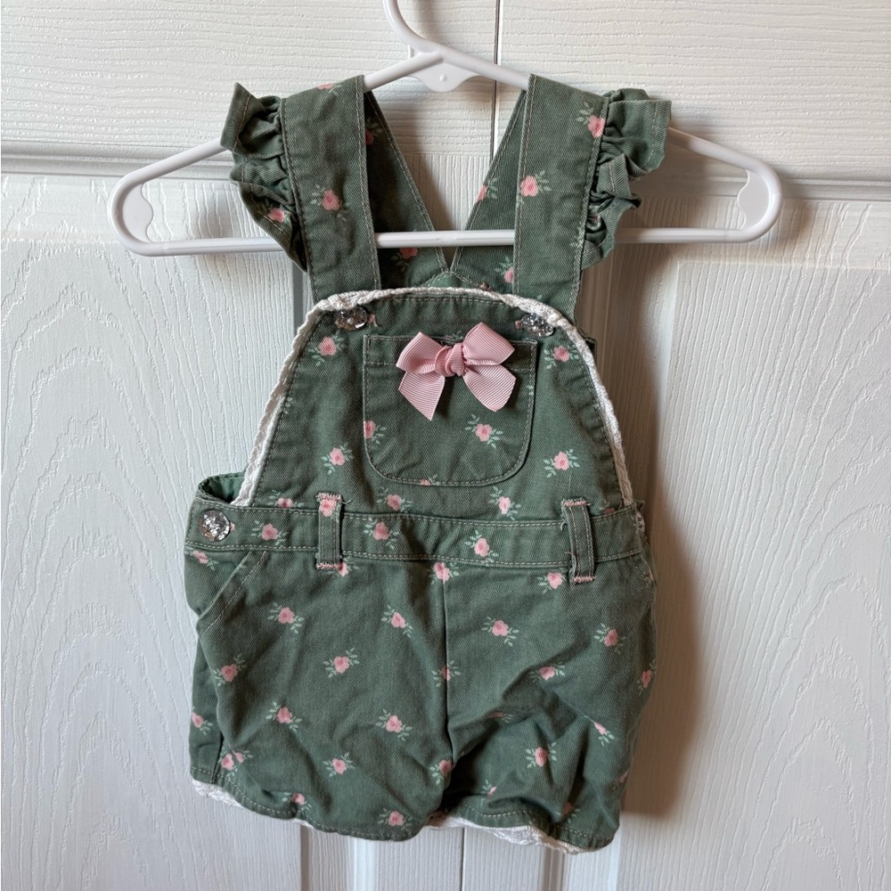 First Impressions Olive Floral Overalls with Pink Bow